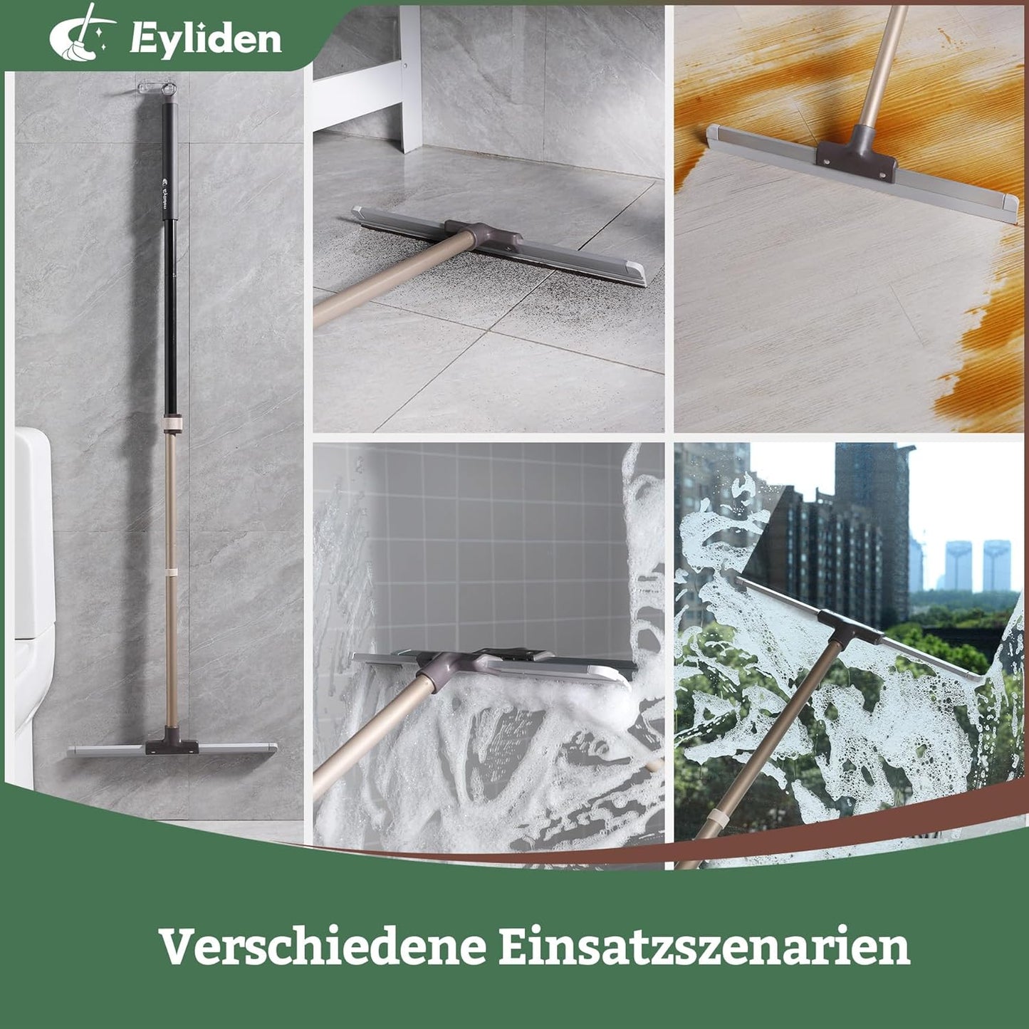 Eyliden 17" Rubber Floor Squeegee - Quick Water & Foam Removal, Dual-Action Push & Scrape Heavy-Duty Scrubber Broom with Telescopic Handle, for Bathroom Shower Kitchen Floors Glass Pool