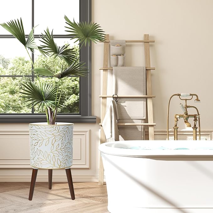 12inch Plant Pots with Wood Planter Holder Indoor Flower Pot with Gold Floral Embossed Modern Planters with Drainage Holes for Living Room, Office, Garden or Balcony