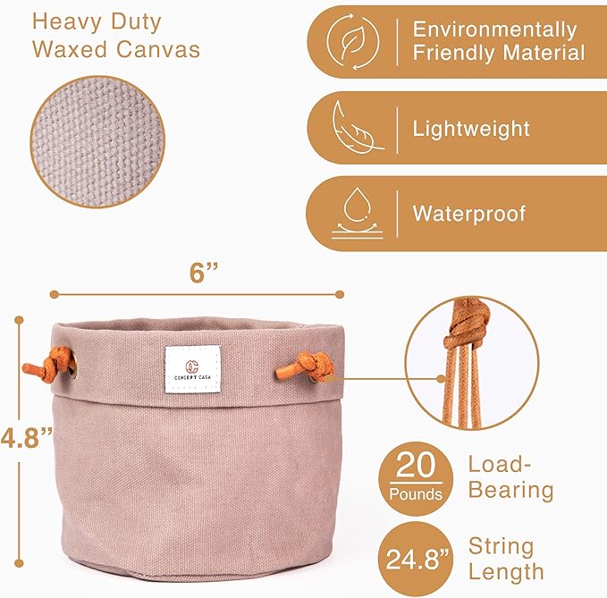 Large Waxed Canvas Handmade Hanging Planter for Indoor/Outdoor Plants, Hanging Basket Plant Holder Stone Gray