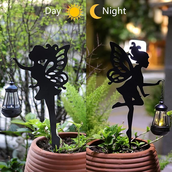 Solar Fairy Garden Decor – YUNJACKEYDZ 2 Pack Metal Fairy Hanging Lantern Solar Outdoor Garden Decoration Silhouette Light Stake Garden Decorative Stake Ornaments for Lawn,Patio or Courtyard,Gifts