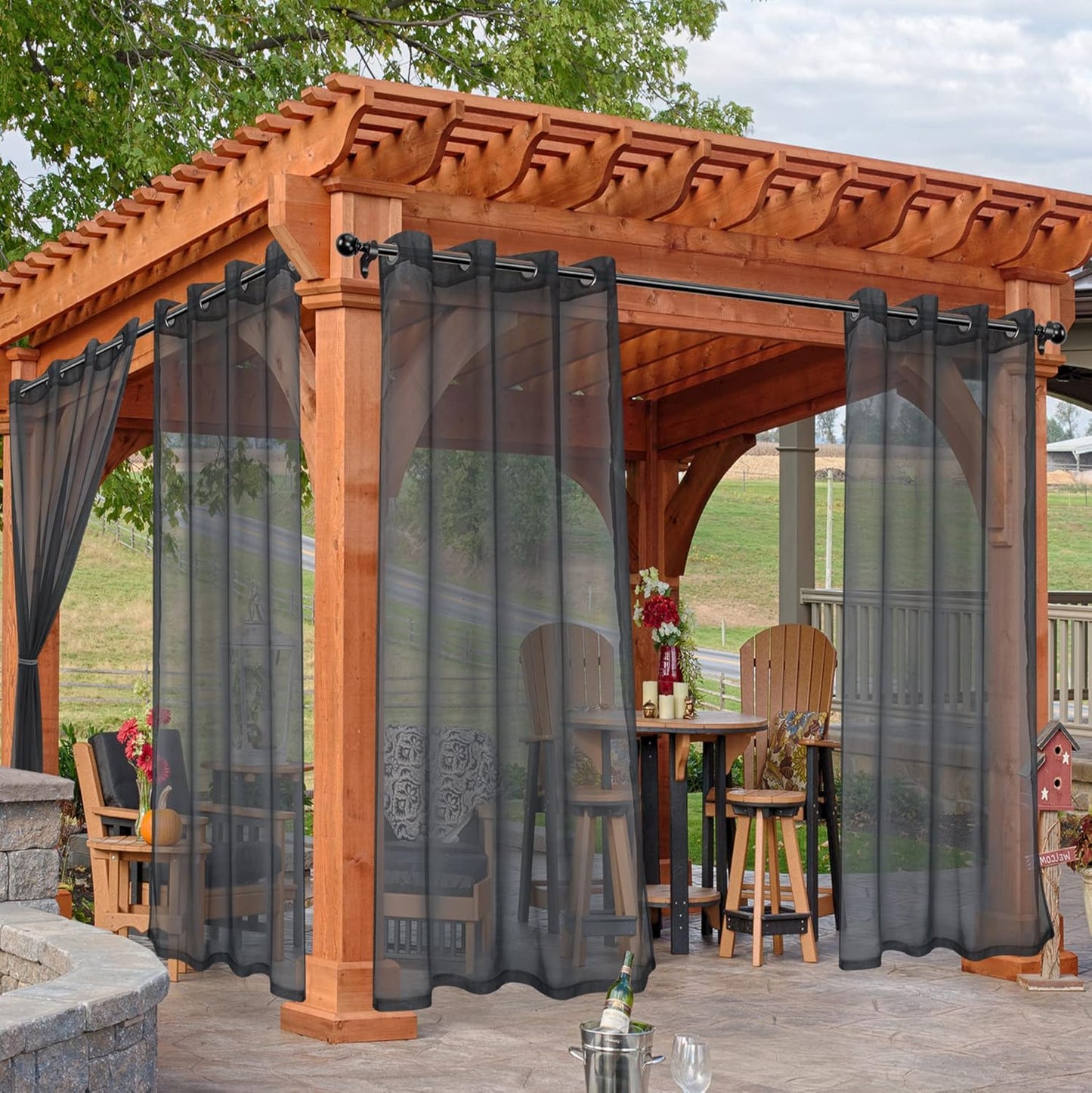 HolidayIdeas Outdoor Sheer Curtains for Patio Waterproof, 4 Panels - 54 x 84 Inch - Grey Light Filtering Voile Outside Curtains Grommet Drapes for Front Porch, Gazebo, Pergola, Backyard