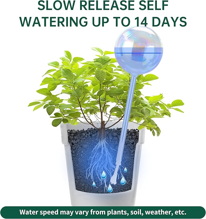 13 oz Up 2 Weeks Extra Large Plant Self Watering Globes, Light Iridescent Glass Water Bulbs for Indoor Plants, Vacation Watering System, Self-Watering Stakes, Automatic Plant Waterer, 2 Pack