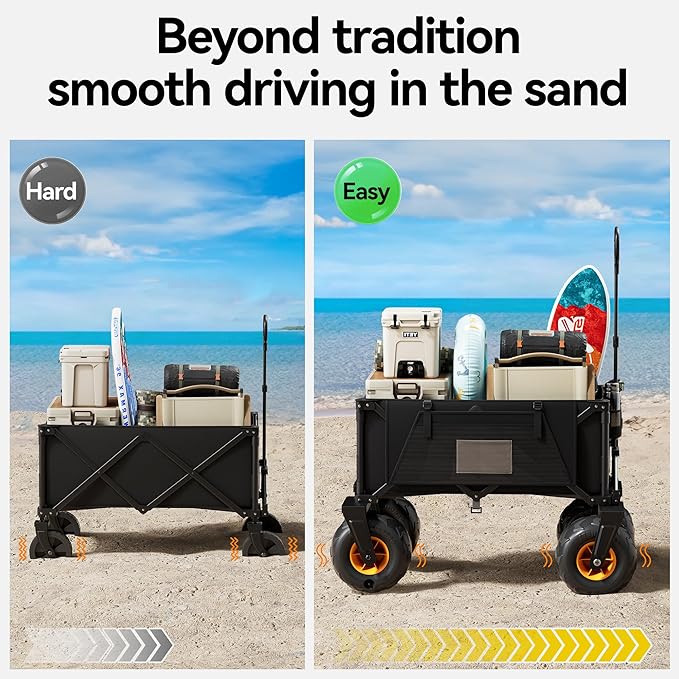 DXZ Beach Wagon Cart with Big Wheels for Sand – Folding Collapsible Wagon, Heavy Duty Wagons Carts Foldable for Beach, Camping, Outdoor Gear, Easy Setup Black Yellow