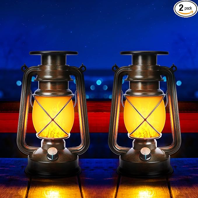 Toodour 2 Pack Hanging Solar Lantern Outdoor - Solar Vintage Lantern with Flickering Flame, 2 Modes Waterproof Solar Hanging Lights for Camping, Patio, Deck, Yard, Path, Outdoor Halloween Decorations