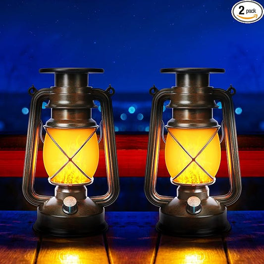 Toodour 2 Pack Hanging Solar Lantern Outdoor - Solar Vintage Lantern with Flickering Flame, 2 Modes Waterproof Solar Hanging Lights for Camping, Patio, Deck, Yard, Path, Outdoor Halloween Decorations