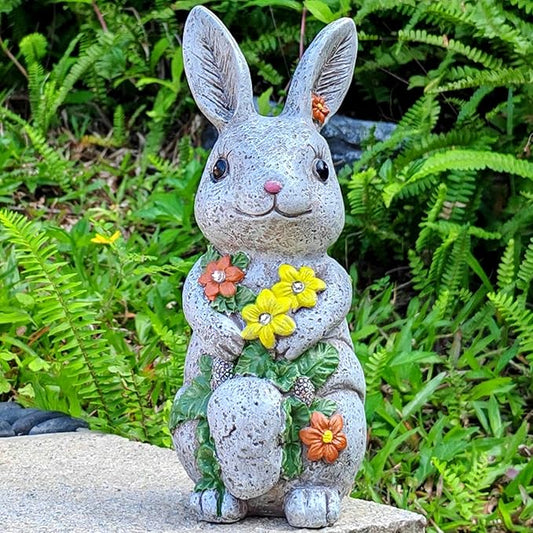 Solar Easter Rabbit Statue - Rock-Like Design with Flower Lamp Beads Woman Gifts Resin Easter Bunny Sculpture for Indoor and Outdoor Statue Decor, Garden Decoration