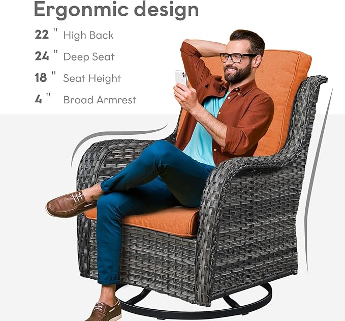 Outdoor Swivel Rocker Wicker Chairs Set of 3, High Back Swivel Patio Chairs Wicker Furniture Set, 2 PCS Rattan Swivel Rocking Chair with Side Table, Orange Cushion