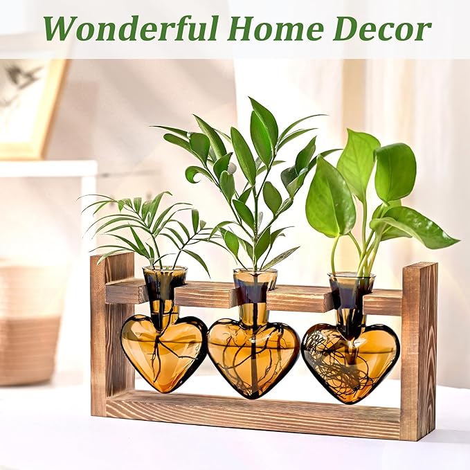 Lifecapido Heart Shaped Propagation Stations, Plant Terrarium with Wooden Stand, Plant Propagation Station for Hydroponics Plants Office Garden Home Decor, Gifts for Women Plant Lover (3 Vases, Amber)