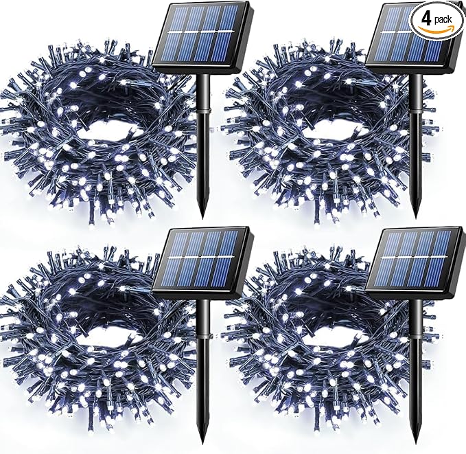 Voolex 4-Pack Solar Christmas String Lights Outdoor - 100LED 33FT Solar Powered LED String Light Waterproof with 8 Modes for Garden, Fence, Holiday, Party, Balcony, Xmas Decorations Cold White