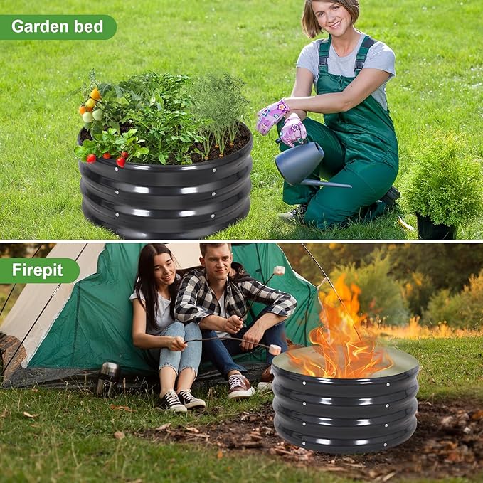Galvanized Raised Garden Bed- 2Pcs 2x2x1FT Metal Planter Boxes Outdoor | Round Steel Raised Bed Kit & Fire Pit Ring for Gardening with Protective Tape, Gloves for Vegetables, Flower (Grey)