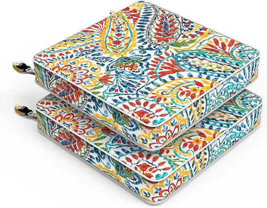LVTXIII Patio Chair Cushions 22"x22"x3", Water-Repellent Outdoor Seat Cushions for Patio Furniture, Square Chair Pads with Ties for Home Garden Decoration, Set of 2, Paisley Multi