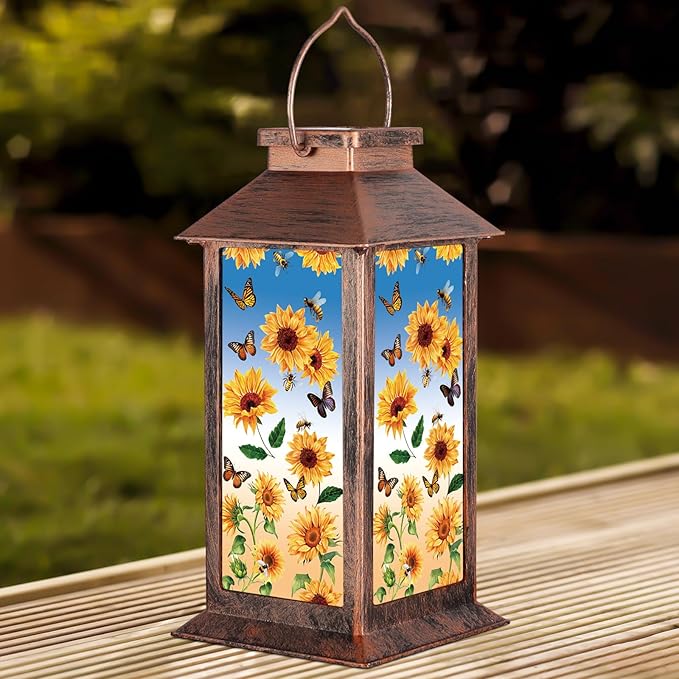 Solar Lantern Outdoor Waterproof Sunflower Butterfly Garden Decor Birthday Gifts for Women Mom and Grandma Solar LED Plastic Decorative Hanging Light for Yard(Sunflower Butterfly)