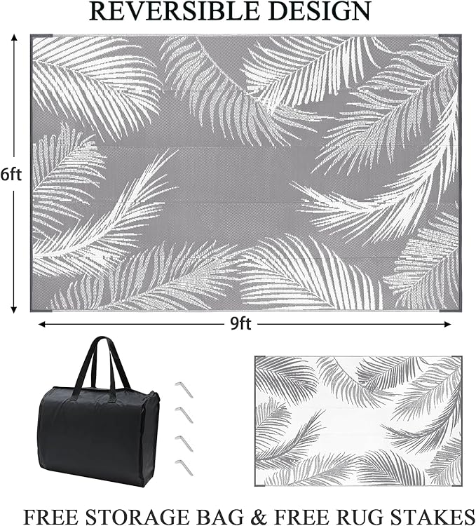 Pauwer Outdoor Rug, 6'x9', Leaf Grey, Reversible, Waterproof, Polypropylene, Lightweight, RV Mat, Patio Decor