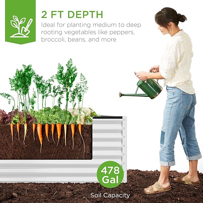 Best Choice Products 8x4x2ft Outdoor Metal Raised Garden Bed, Deep Root Planter Box for Vegetables, Flowers, Herbs, and Succulents w/ 478 Gallon Capacity - White