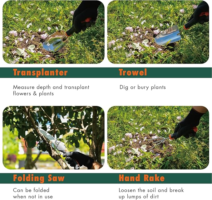 DTRK 8-Piece Large Garden Tool Set 304 Stainless Steel Garden Tool Kit with Handbag,Pruning Shears,Gloves Heavy Duty Gardening Hand Tools with Non-Slip Rubber Grip,Ideal Gifts for Women & Men Orange