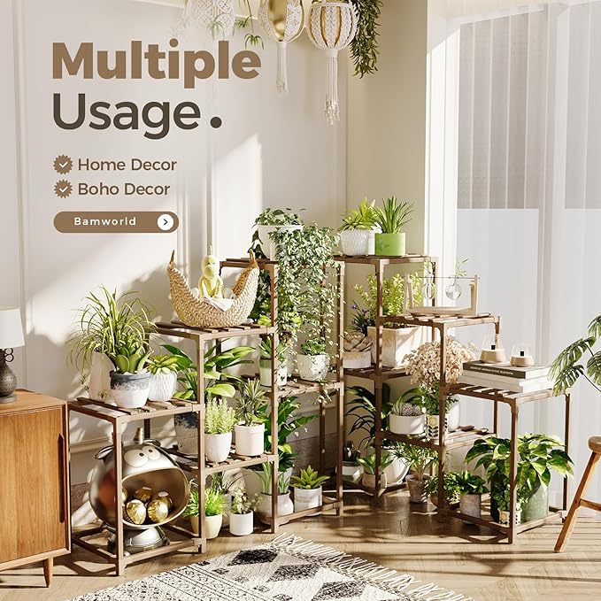 Bamworld 2 Sets of Package Plant Stands Indoor Wood Plant Shelf Outdoor Tiered Plant Rack for Multiple Plants Ladder Plant Holder Plant Table for Plant Pots Boho Home Decor for Gardening Gifts