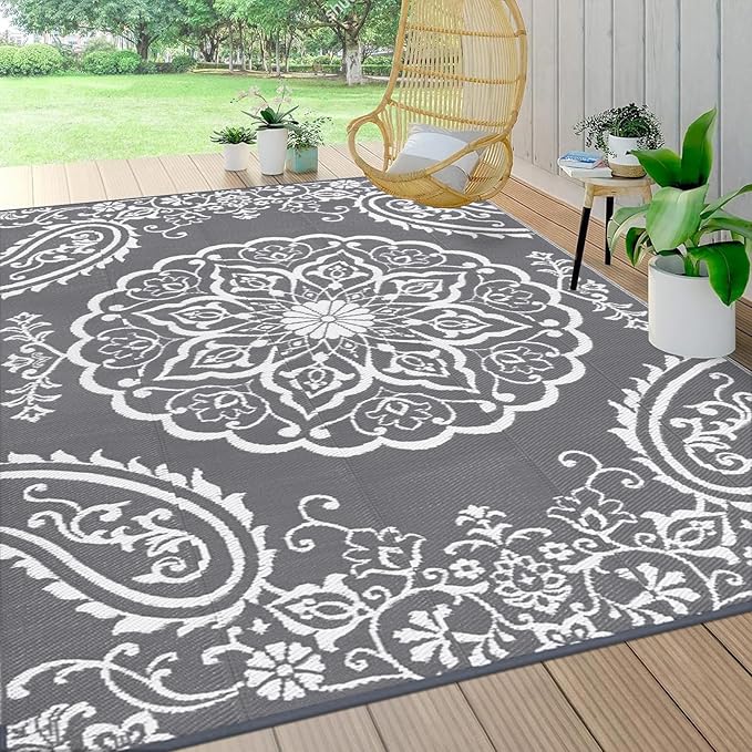 Pauwer Waterproof Outdoor Rug 10x14, Reversible Plastic Straw Patio Camping Rug, Indoor Outdoor RV Mat Carpet for Deck, Camper, Porch, Balcony, Backyard, Picnic, Boho Grey