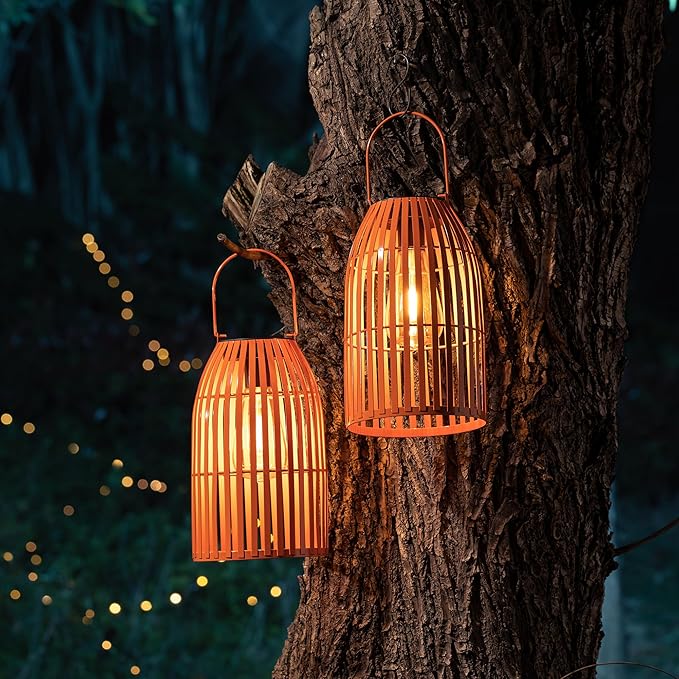 Set of 2 Solar Lantern Outdoor Waterproof Hanging Metal Birdcage Shaped Lantern Decorative Solar Light for Garden Yard Patio Porch, Orange