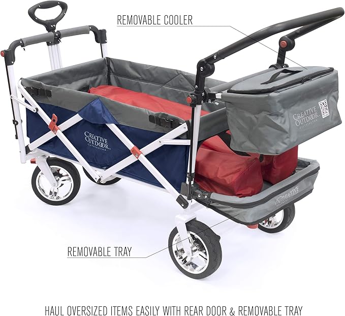 Creative Outdoor Wagon for Kids Push Pull Collapsible Stroller Folding Cart | Silver Series | Beach Park Garden & Tailgate | Navy Blue