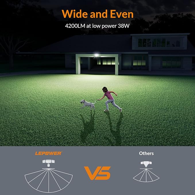 LEPOWER LED Security Lights Motion Sensor Light Outdoor, 38W 4200LM Light, 5500K, IP65 Waterproof, 3 Head Detected Flood Light for Garage, Yard, Porch (White)