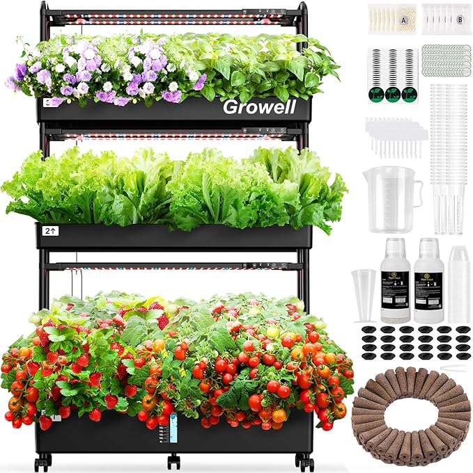 Growell Large Hydroponics Growing System Kit, 90 Pods Vertical Hydroponic Garden with 2 Light Modes Grow Light, Auto Circulating Water System, 40L Indoor Gardening System for Herb Vegetable Fruit