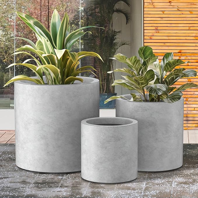 Kante 9.8",12.6",15.7" Dia Round Concrete Planter Set of 3, Modern Style Large Cylindrical Plant Pot with Drainage Hole and Rubber Plug for Indoor Outdoor Patio, Natural Concrete