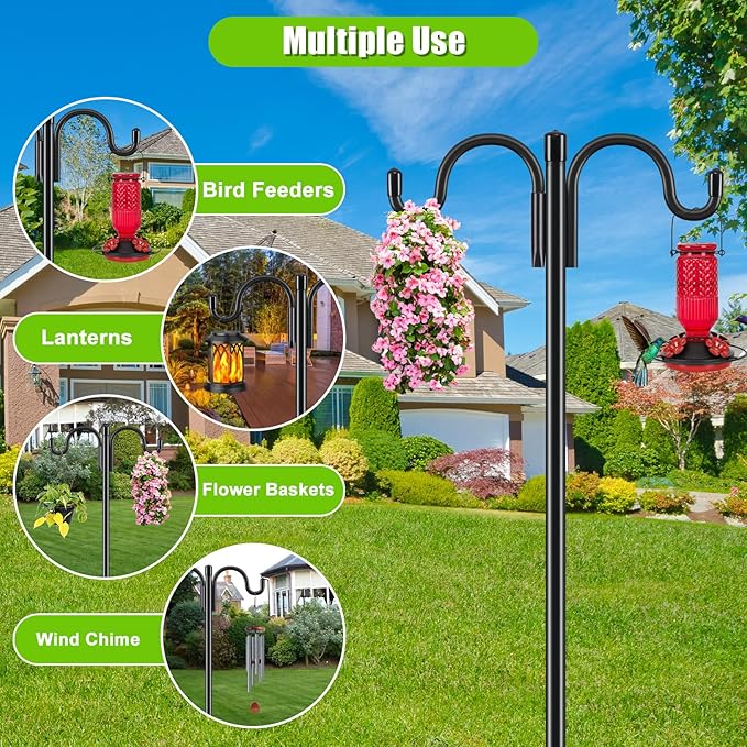 Gtongoko Double Shepherds Hook for Outdoor, 92.5 Inch Heavy Duty Bird Feeder Pole 3/4 Inch Thick Garden Hooks for Hanging Hummingbird Feeder, Plant Baskets, Solar Light Lanterns, 1 Pack