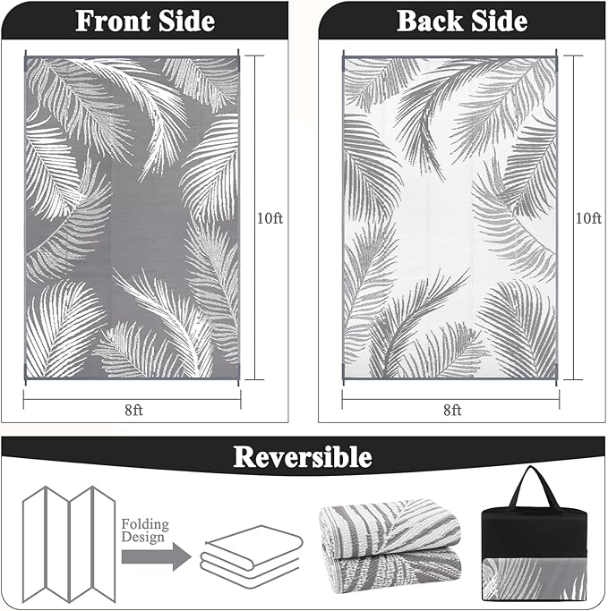 Pauwer Waterproof Outdoor Rug 8x10, Reversible Plastic Straw Patio Camping Rug, Indoor Outdoor RV Mat Carpet for Deck, Camper, Porch, Balcony, Backyard, Picnic, Leaf Grey