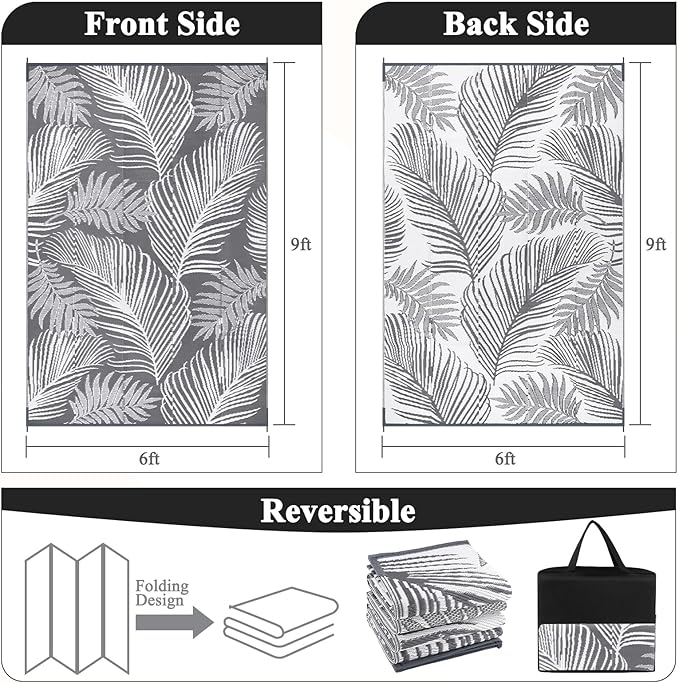 Pauwer Waterproof Outdoor Rug 6x9, Reversible Plastic Straw Patio Camping Rug, Indoor Outdoor RV Mat Carpet for Deck, Camper, Porch, Balcony, Backyard, Picnic, Leaf Grey