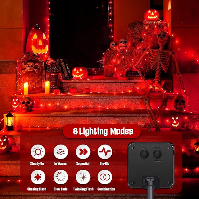 JMEXSUSS 66ft 200 LED Red Solar Halloween Lights, 2 Pack Solar Fairy Lights Outdoor Waterproof, 8 Modes Solar String Lights for Outside Garden Christmas Tree Party Halloween Decorations