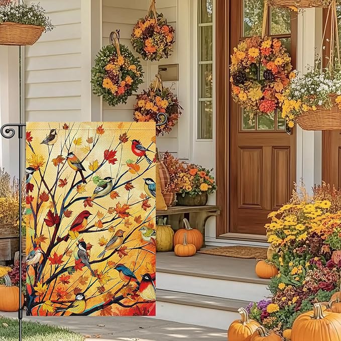 Louise Maelys Welcome Fall Garden Flag 12x18 Double Sided, Small Burlap Autumn Maple Tree Birds Thanksgiving Outside Outdoor House Yard Decor