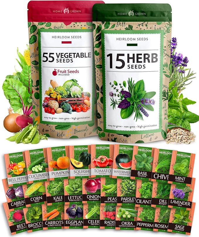 HOME GROWN 70 Variety Vegetable & Herb Seeds – 32,000+ USA Non-GMO Heirloom Survival Seeds –Garden Kit for Spring, Fall, Winter – Indoor & Outdoor Planting – Starter Set for Home Gardeners & Preppers