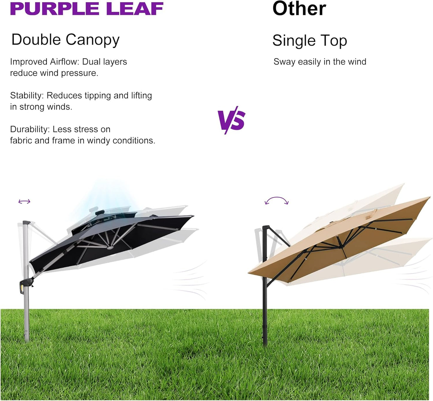 PURPLE LEAF 12ft Solar powered LED Patio Umbrella Outdoor Round Umbrella Large Cantilever Umbrellas with LED lights Windproof Offset Umbrellas Heavy Duty Sun Umbrella for Garden Deck Pool Patio, Grey