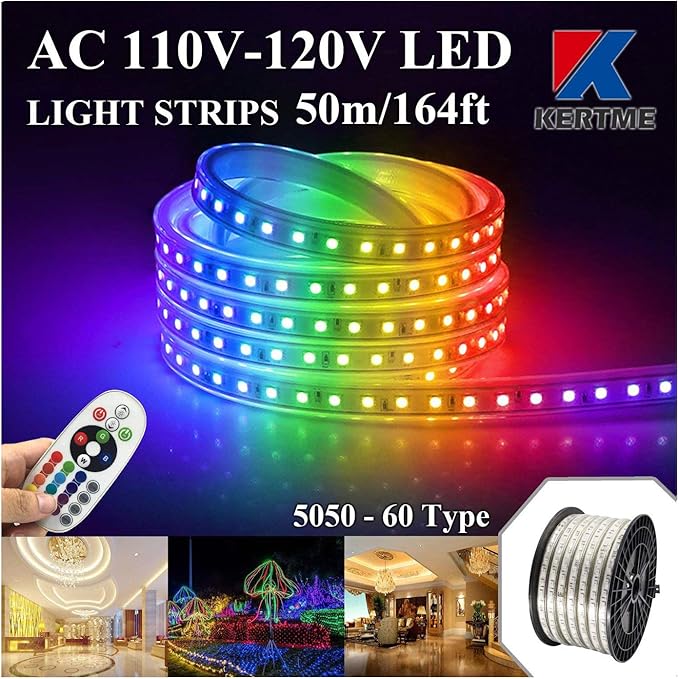 5050-60 Type AC 110-120V RGB LED Strip Lights, Flexible/Waterproof/Dimmable/Multi-Colors/Multi-Modes LED Rope Light + 24 Keys Remote for Home/Garden/Building Decoration (164ft/50m, RGB)