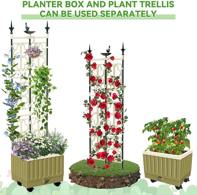 Tomato Planter with Trellis,61.4" Self-Watering Tomato Cage Raised Garden Bed Planter Box with Trellis & Wheels for Climbing Plants Vegetable Vine Flowers