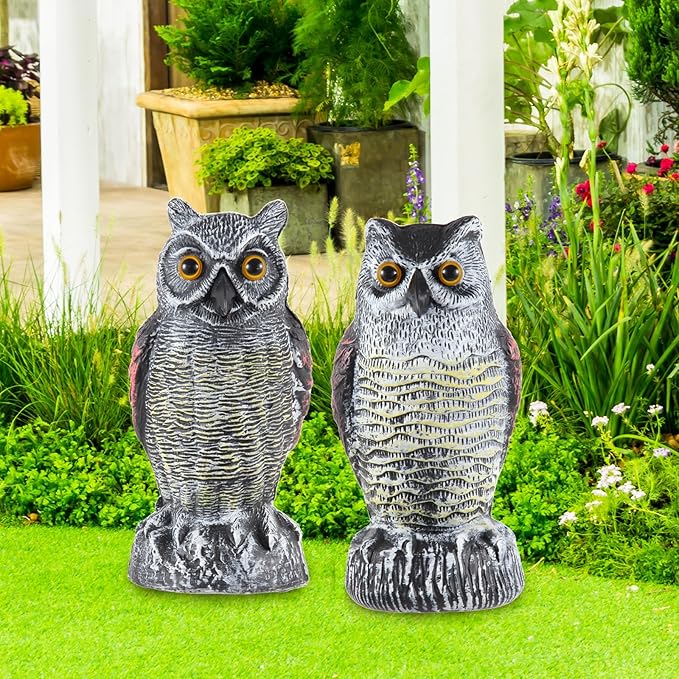 Hedoc 2 Pack Fake Owl Decoys to Scare Birds Away from Gardens and Rooftops, Great Horned Owl Bird Deterrents, Nature Scarecrow Plastic Owls Pest Repellent, Owl Statue for Garden Decor, Yard Decoration