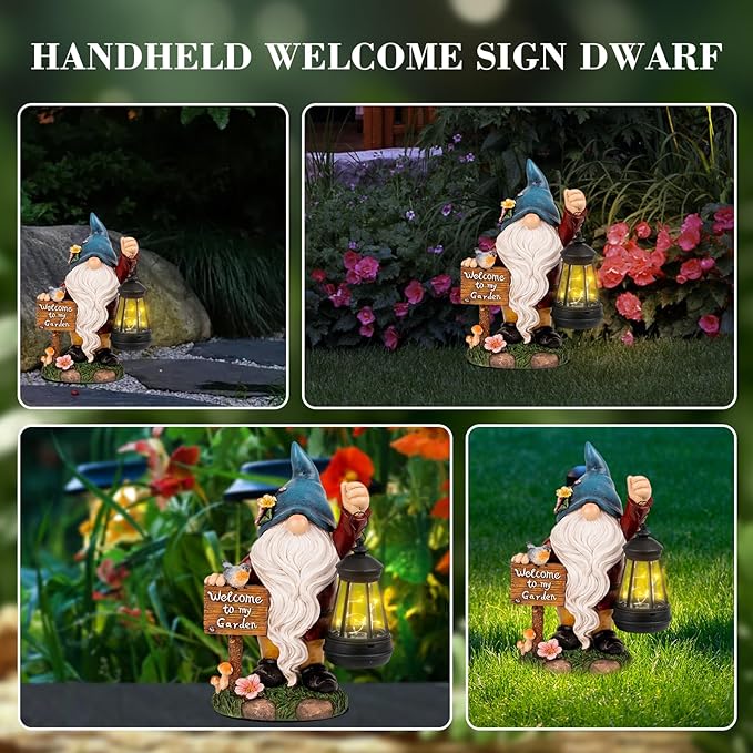 Garden Gnome Statues Figurine Lights - Solar Powered Lighting Outdoor Decorations with Lantern & Welcome Sign, Yard Art Lawn Ornaments for Porch Patio Balcony - Gnome Gifts for Women Mom
