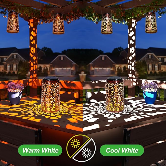 JSOT Solar Lanterns - Solar Lanterns Lights Outdoor Waterproof Gift for Women Mom Grandma, Metal Hanging Lights Decorative for Patio Garden Yard Backyard Porch Table Tree , Cool/Warm Light, 2 Pack