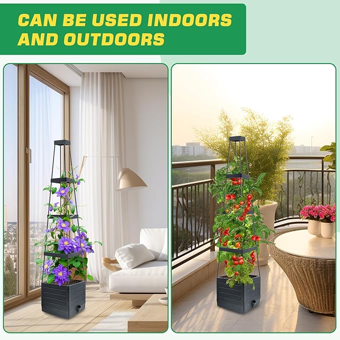 2Pack Raised Garden Bed Planter Box with Trellis, 57" Self-Watering Tomato Cage Planters for Climbing Plants Vegetable Vine Flowers Outdoor & Indoor (57x9.8x9.8IN)