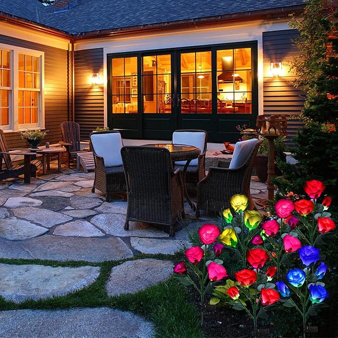 ANGMLN 2 Pack Solar Garden Lights, Solar Flower Lights Outdoor Waterproof with 10 Head Blue Rose 7-Color Changing Landscape Light for Garden Yard Pathway Patio Grave Cemetery Decoration