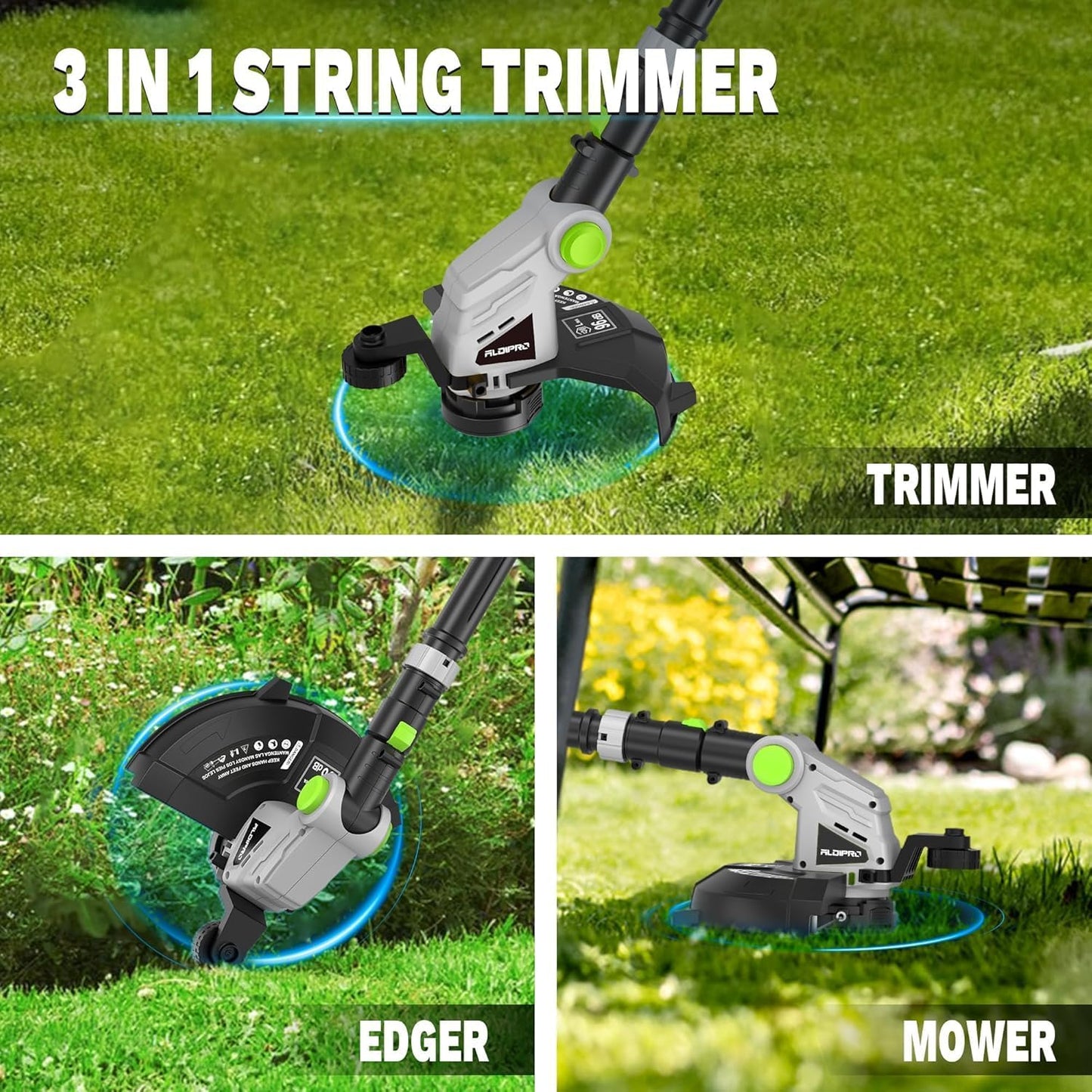 20V Cordless String Trimmer with Auto-Feed - 3 in 1 Electric Weed Wacker with 2.0Ah Battery & Fast Charger, Lightweight Grass Trimmer for Lawn Edging, Garden, Yard (AD-ST-002)