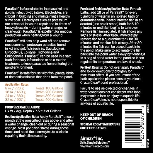 CrystalClear ParaSalt Outdoor Pond & Water Garden Rock Salt Crystals, Anti Fish Parasite, Beneficial Stress Reducing & Slime Coat Treatment, Natural Aquatic Additive, Koi, Plants & Pet Safe, 20 lbs