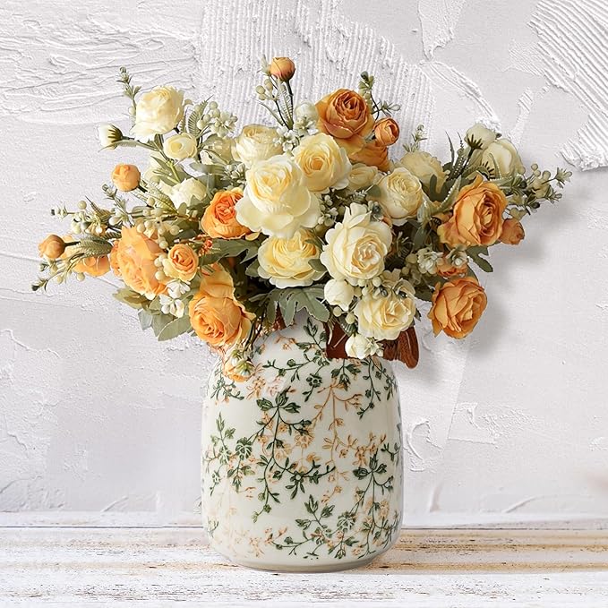 Rustic Vintage Ceramic Vase, 7.8 inch Beige and Green Decorative Vase, Aesthetic Farmhouse Pottery Vase for Home Decor, Living & Dining Room, Bookshelf, Office, TV Stand Table Decor