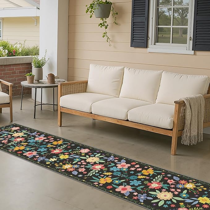 GENIMO Indoor Outdoor Area Rug 2' X 10' Waterproof, Washable Runner Rug Non Shedding, Easy Cleaning Floral Outdoor Carpet for Patio, Living Room, Bedroom, Entryway, Porch, Dining Room, Black
