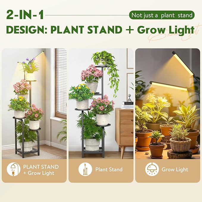 TOSKING 48" Tall Plant Stand with Grow Lights - 5-Tier Corner Plant Shelf with LED Full Spectrum Lights with Dimmer & Timer, Multi-Functional Corner Plant Stand for Home, Office, Balcony (Grow Light 5 Tier-Black)