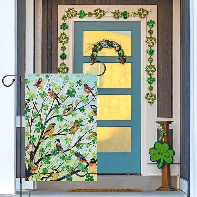 Louise Maelys St Patricks Day Garden Flag Shamrock Bird Tree Welcome Double Sided 12x18 Inch Small Burlap Spring Holiday Yard Outdoor Outside Home Decor