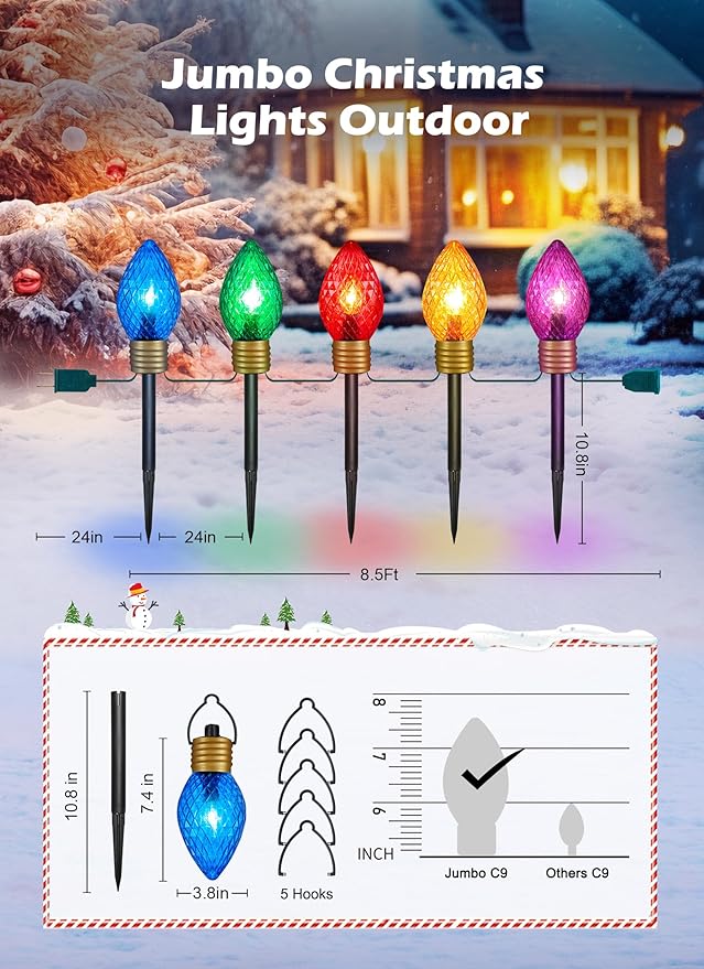 Strawberry Jumbo C9 Christmas Pathway Lights Outdoor - 8.5 Feet 5 LED Multicolor Light Bulb Decorations for Lawn Holiday Yard