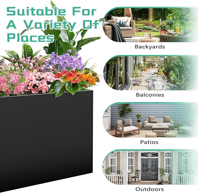 Metal Rectangular Planter Box, Large Planter Boxes Outdoor, 37''L x 13''W x 26''H Heavy Duty Plant Box with Removable Insert Shelf, 3 Tier Adjustable Height Tall Garden Planter for Plants, Flowers