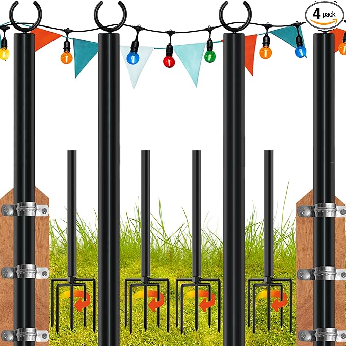 LAND·VOI 4 Pack String Light Poles, 9FT Heavy Duty Metal Light Poles for Outside String Lights, Outdoor light poles with 5 Prong Fork, Light Pole Stand for Patio, Backyard, Garden, Deck, Black FLP14B