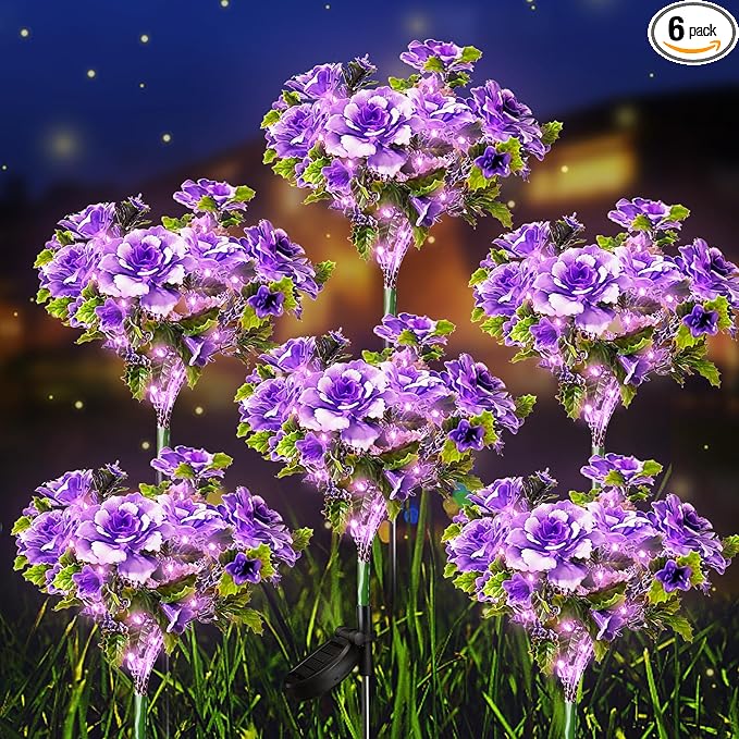 Neporal Solar Flowers Outdoor Waterproof IP65, 7-Stems Purple Carnation Solar Lights Outdoor Garden Decorative, Bigger Panel for Outdoor Garden, Yard, Patio, Outdoor Decoration, 6PK